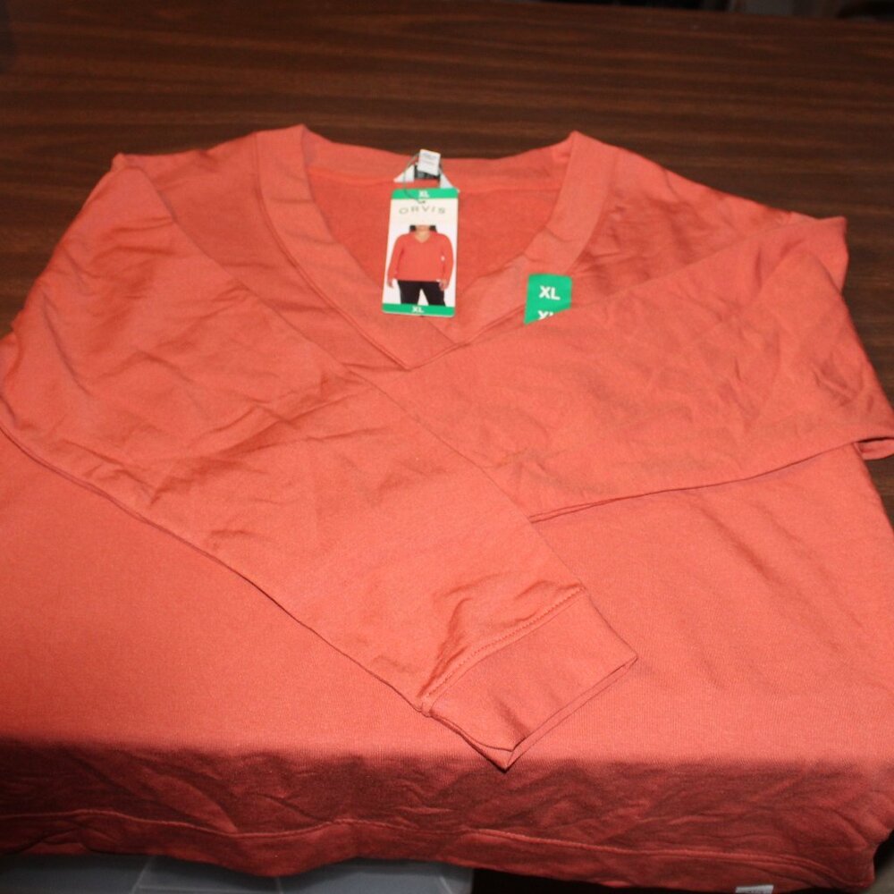 Orvis Orange V Neck Terry Long Sleeve Pullover - Picture 2 of 6